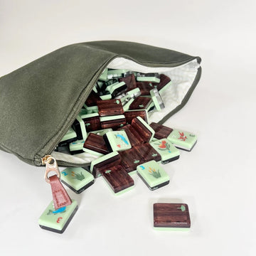Charleston Mahjong Club Dark Green Canvas Tile Bag, Gingham Liner