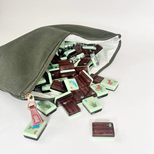 Charleston Mahjong Club Dark Green Canvas Tile Bag, Gingham Liner