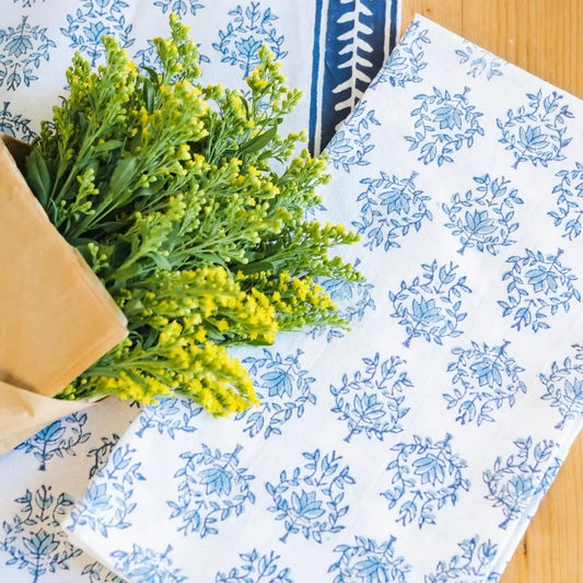Mended Table Throw - Lotus, Navy & Uniform Blue with Navy Vine Border