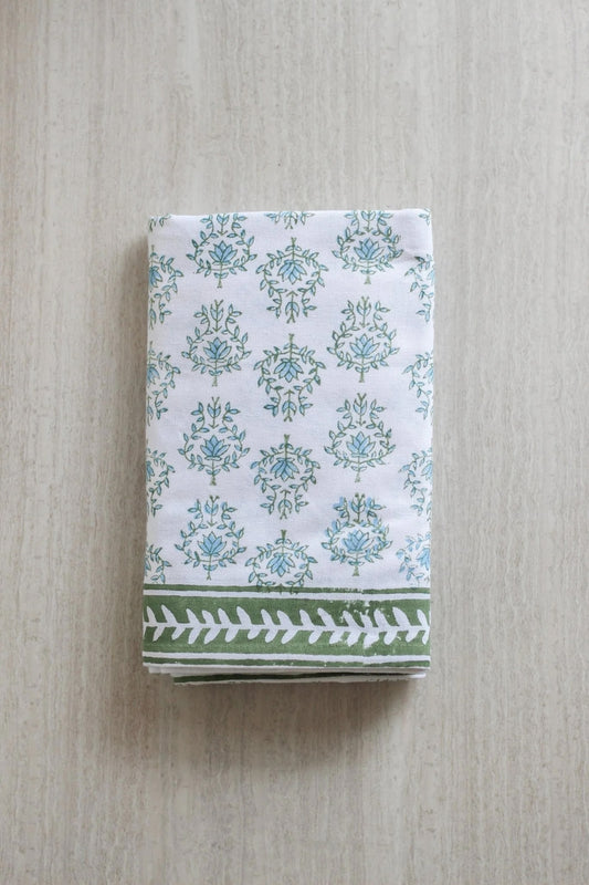 Mended Table Throw - Lotus, Sage & Uniform Blue with Sage Vine Border