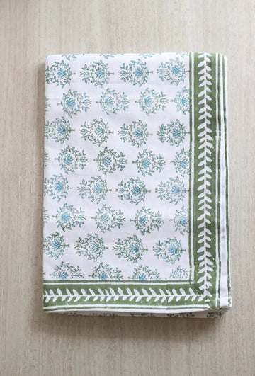 Mended Table Throw - Lotus, Sage & Uniform Blue with Sage Vine Border