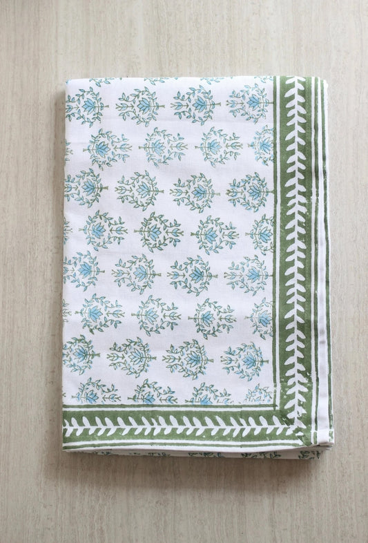 Mended Table Throw - Lotus, Sage & Uniform Blue with Sage Vine Border